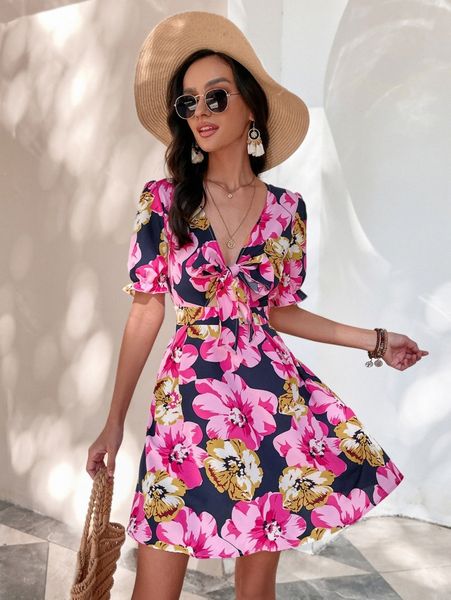 

floral puff sleeve knot front dress q1qq#, Black;gray