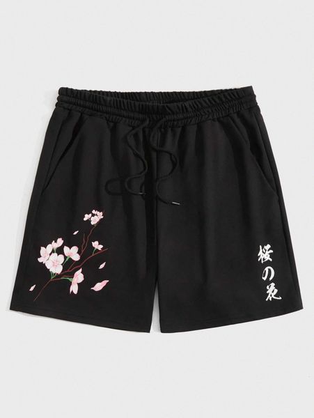 

romwe guys floral graphic drawstring shorts z6v6#, White;black