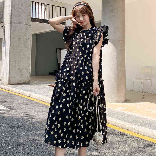 

black summer floral dress for breastfeeding women fashion dress with short sleeves long loose maternity nursing dress lactation j220628, White