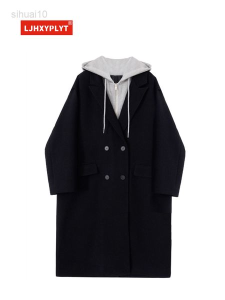 

fake two-piece hoodie stitched et women's autumn winter new contrast color design loose mid length woolen coat female l220725, Black