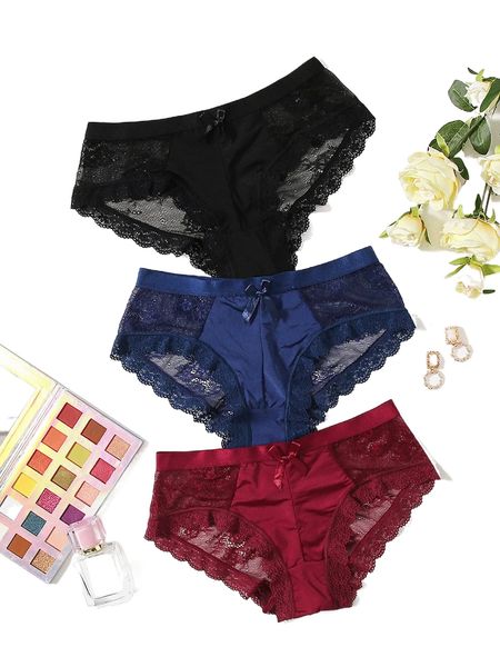 

3pack contrast lace scallop trim panty set a1jq#, Black;red