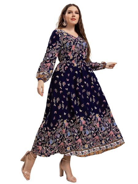 

plus floral & butterfly print lantern sleeve dress without belt 89jq#, Black