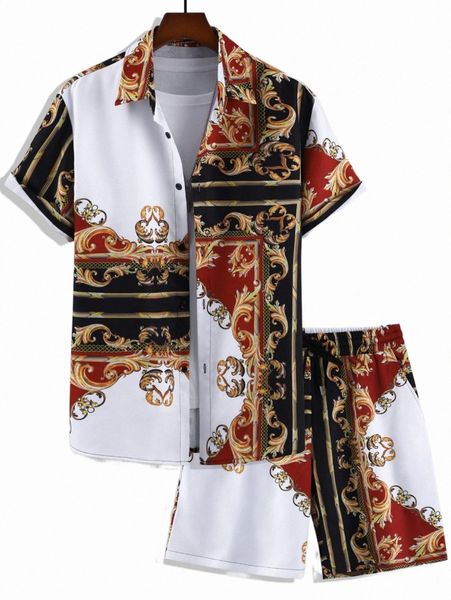 

men random baroque print shirt & shorts without tee z748#, Gray