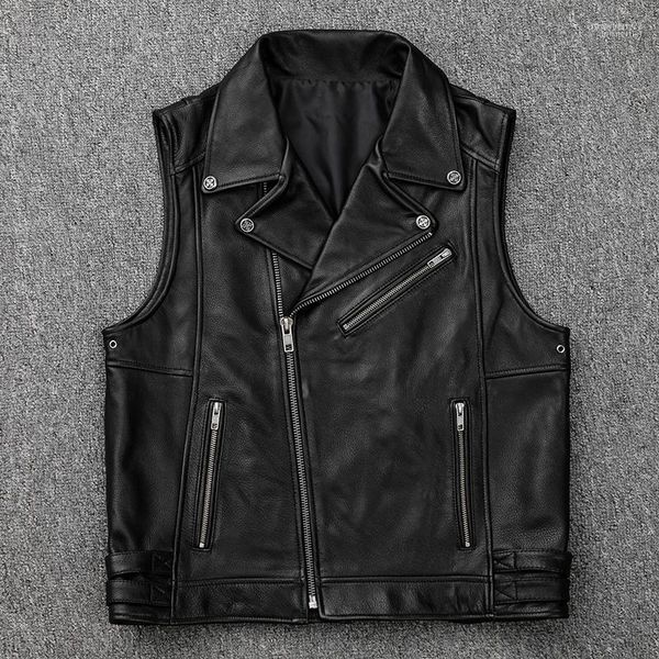 Motocicleta de couro genuíno masculino Profissional de tamanho grande Vintage Cowskin Biker Manuteless Jaquetas de coletes Stra22