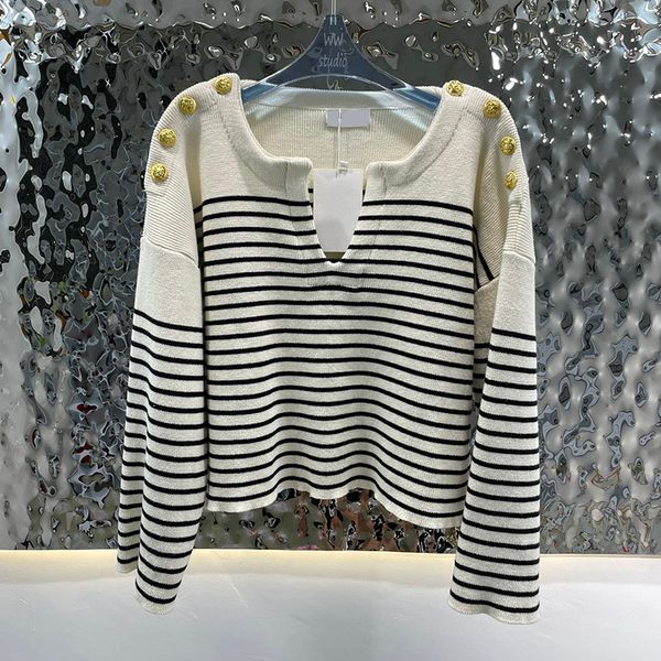 

v neck sweaters women stripe shirt spring fall button designer sweater fashion knit female shirts blouse, White;black