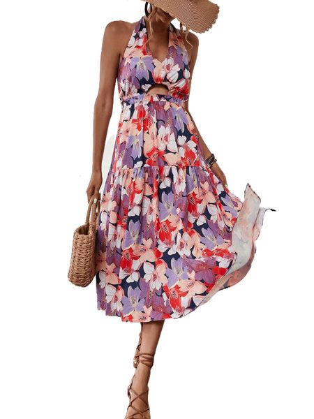 

allover floral print shirred back halter dress o1n4#, Black;gray