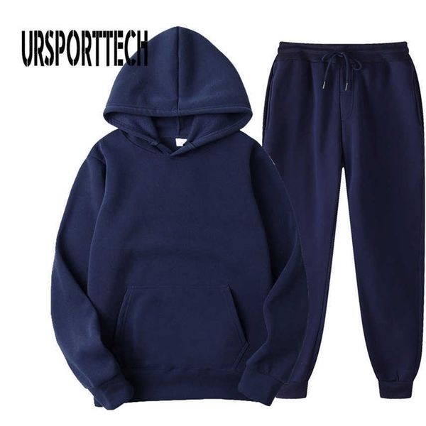 

ursporttech solid color tracksuit men set autumn casual men's hoodies pants two-piece tracksuit trendy sportswear set male 211006, Gray