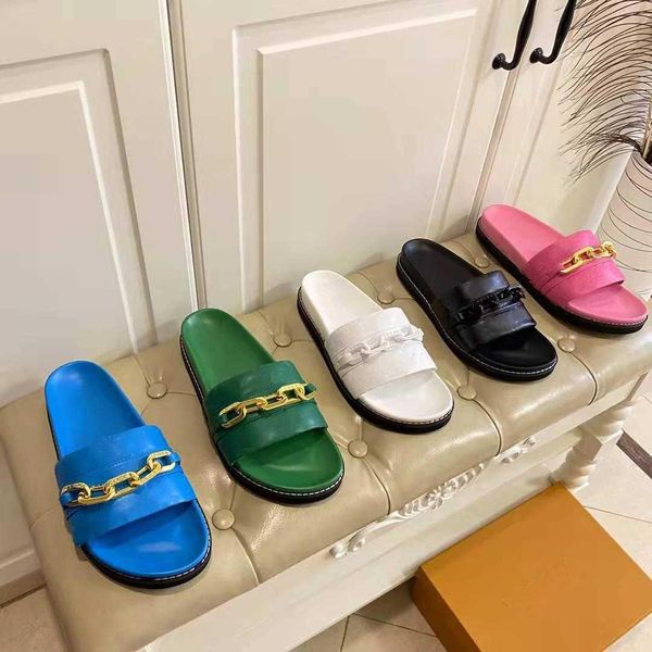 

paseo flat comfort slippers 2022ss new spring sandals embossed lambskin accessorized oversized gold-tone chain shoes size 35-42 gft, Black