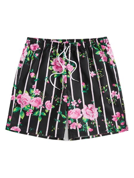 

romwe guys striped floral print shorts 250l#, White;black