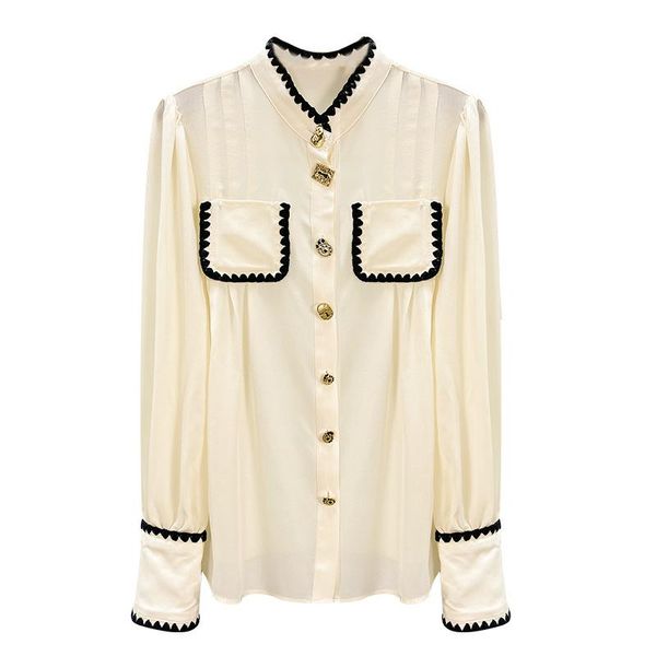 

women's blouses & shirts spring summer women chest pocket patchwork big button deco long sleeve casual apricot black ol, White
