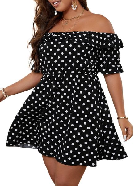 

plus polka dot print off shoulder ruffle trim dress d9j6#, Black