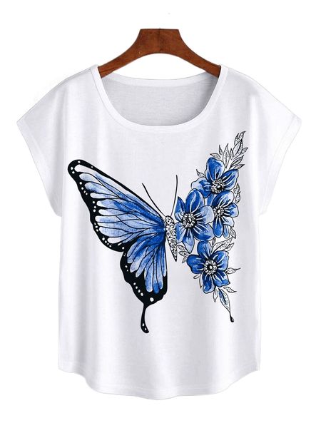 

floral & butterfly print batwing sleeve curved hem tee b1ag#, White