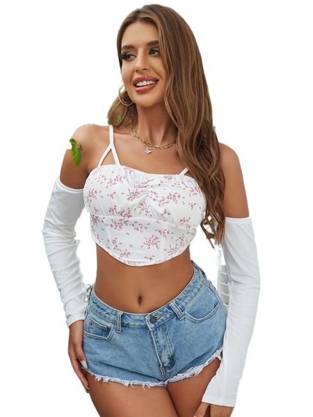 

d& ditsy floral cold shoulder crop k4ns#, White