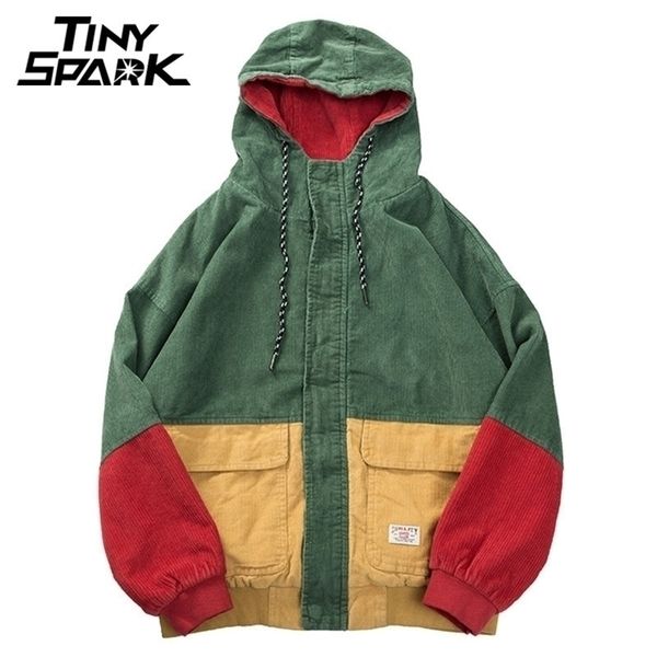 

hip hop hoodie loose jacket men winter corduroy jacket harajuku red patchwork autumn hooded bomber jacket coat reggae jamaica 201116, Black;brown
