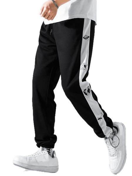 

men planet print contrast side seam drawstring waist sweatpants u5jk#, Black