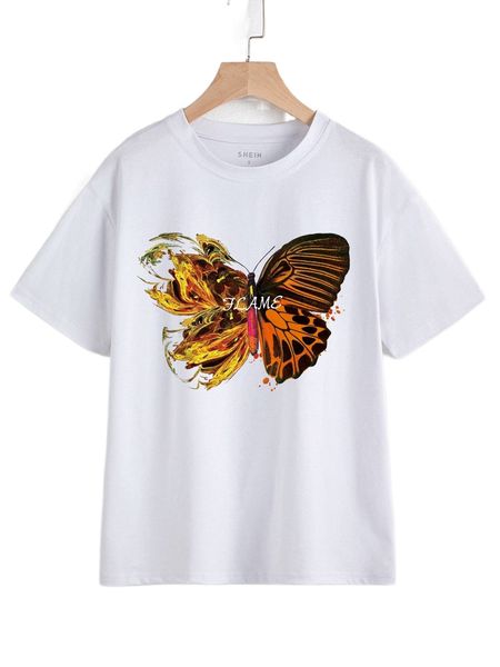 

letter & butterfly print drop shoulder tee 38kf#, White
