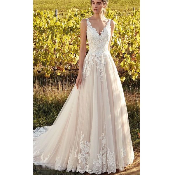 

wedding dresses lace applique bridal gowns backless sheer straps beach plus size robes de soirÃ©e mariÃ©e, White
