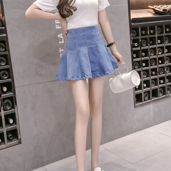 

woman pleated mini high waist tutu summer a line jeans washed stretch denim skirt short for women 210315, Black