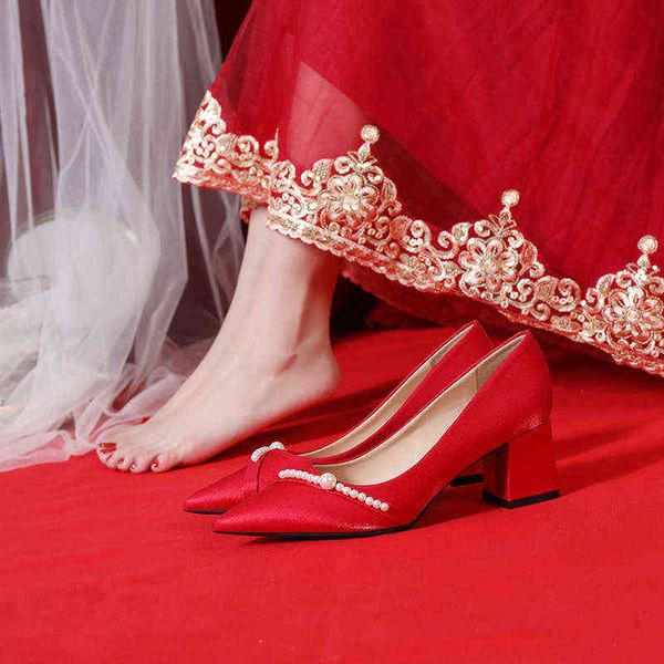 

women's high heels small wedding bride chine style xiuhe 2022 thick heel's middle heel single shoes women, Black