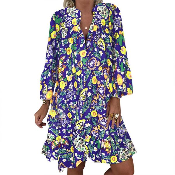 

casual dresses ruffles loose v-neck dress women summer long sleeve floral print woman 2022 fashion white beach, Black;gray