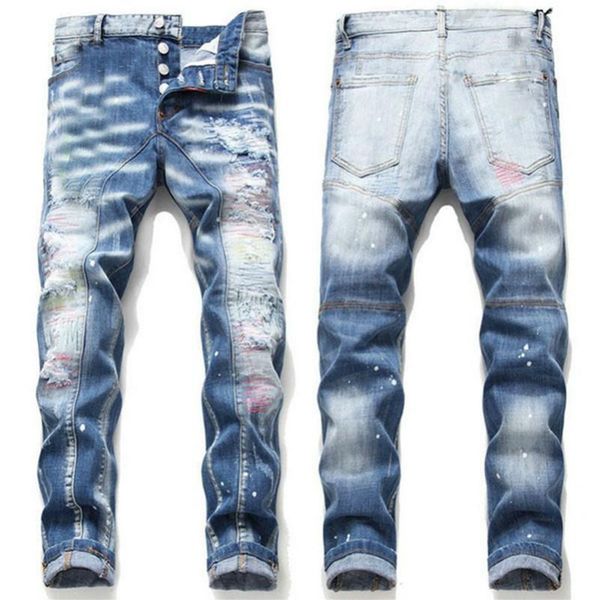 

jean 20ss mens rips stretch black jeans fashion slim fit washed motocycle denim pants panelled hip hop tr dsquare 2 dsquareds dsq2s dsqs bye, Blue