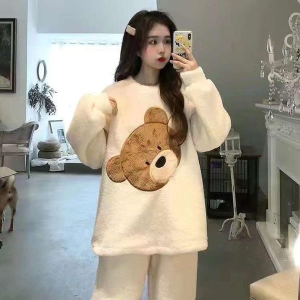 

winter warm flannel women womens sleepwear pyjamas sets thick coral velvet long sleeve cartoon thin pajamas set sleep wear, Black;red