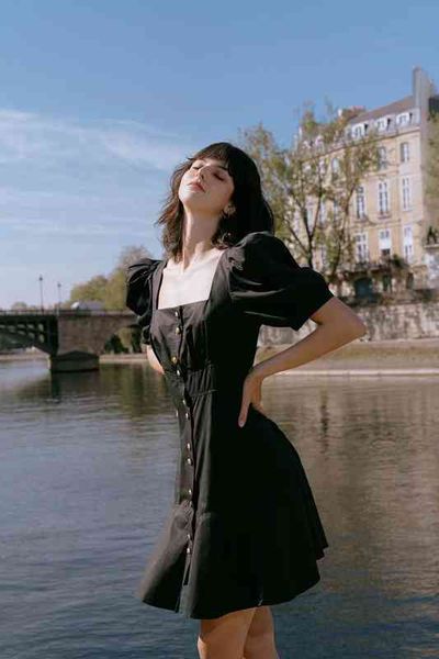 

casual dresses france interde solid color single breasted bubble sleeve square neck a-line dress, Black;gray