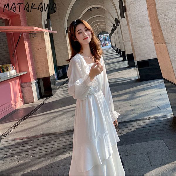 

vintage square collar dress female flared sleeve robe femme long vestidos temperament ruffles white dresses 210506, Black;gray