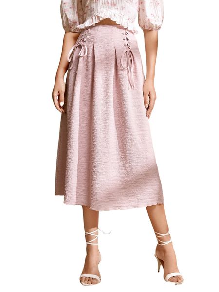 

lace up front fold pleated skirt q7e0#, Black