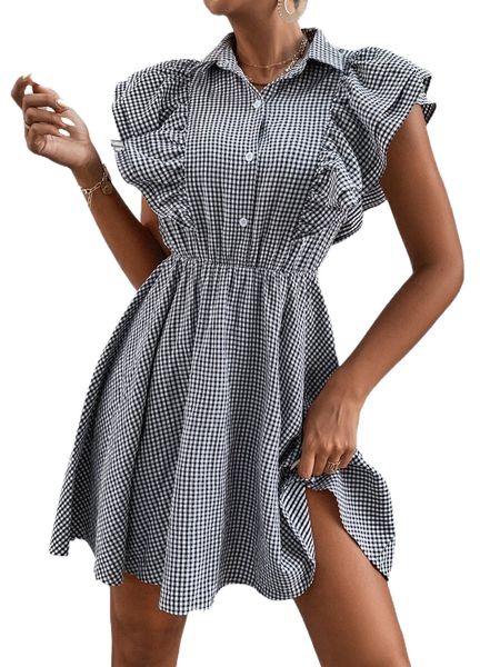 

gingham ruffle sleeve button front shirt dress m8i2#, Black;gray