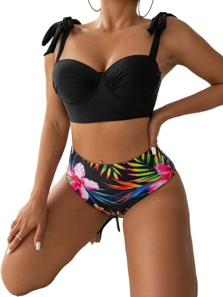 

tropical print knot shoulder push up bikini swimsuit b1db#, White;black