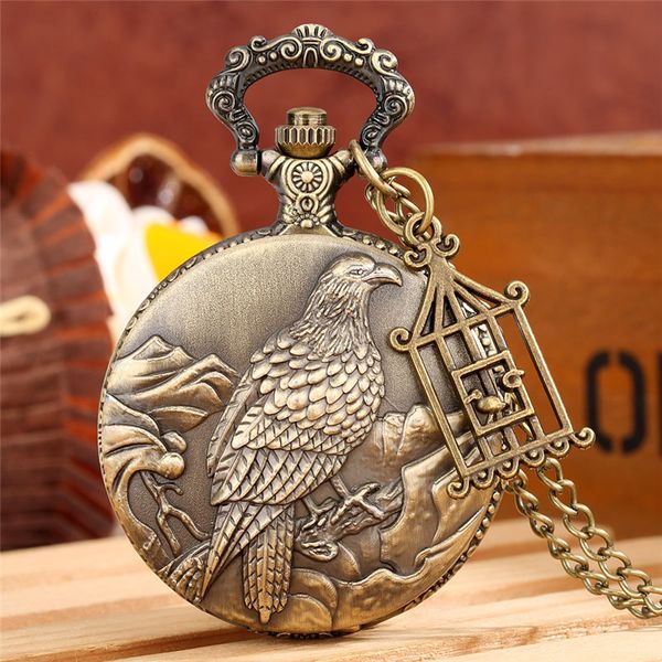 

steampunk carved 3d bird design watches retro quartz pocket watch arabic number 80cm necklace chain gift to kid, Slivery;golden