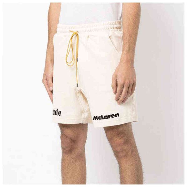 

british style rhude mclaren co lettered embroidery drawstring casual shorts men's pearl ground cotton beach pants, White;black