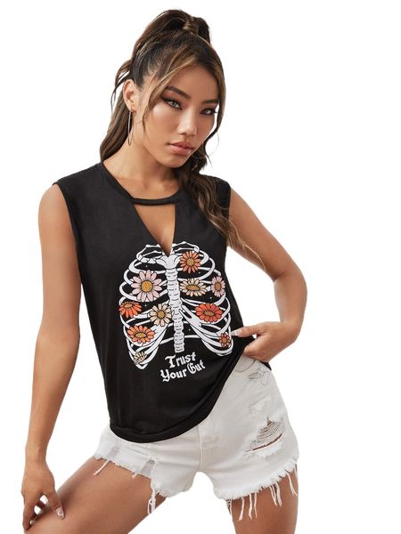 

x the creative witch floral & skeleton print keyhole neck tank v2zv#, White