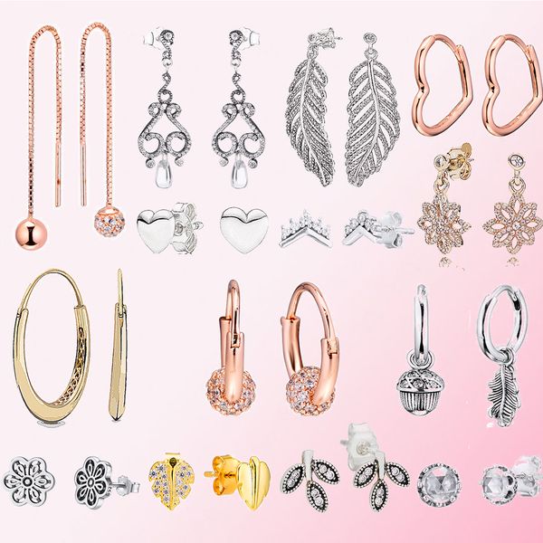 Brincos de Prata Esterlina 925 Folhas Clássicas Florais Margaridas Rendas Coração Candelabro Gotas Coração de Luz Ajuste Original Brinco Pandora Stud Jóias Fazendo Presente DIY