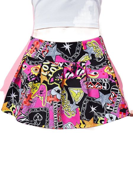 

pop art print pleated skirt o729#, Black