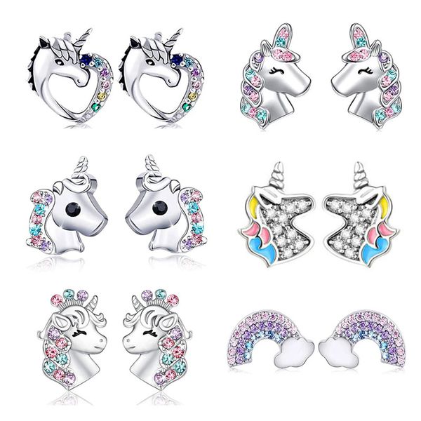 Orecchini a forma di unicorno in argento 925 con strass multicolore a forma di cuore con gatto arcobaleno per le donne Regali di gioielli di moda da sposa