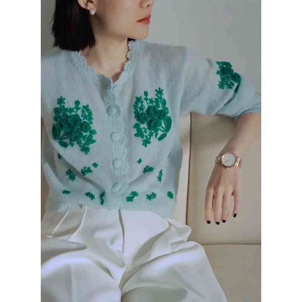 

women's sweaters latest design spring arrival woman light blue floral embroidered mohair cardigan vintage thin sweater 0ab1, White;black