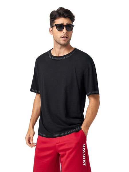 

men contrast stitch drop shoulder tee v7ts#, White;black