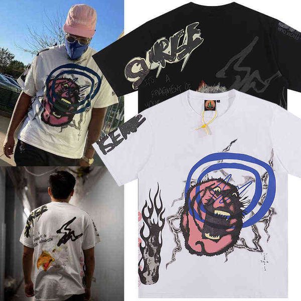 

summer lightning devil bird print short sleeve american loose t-shirt, White;black