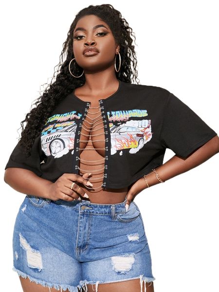 

sxy plus car & letter graphic chain linked tee c1bz#, Black