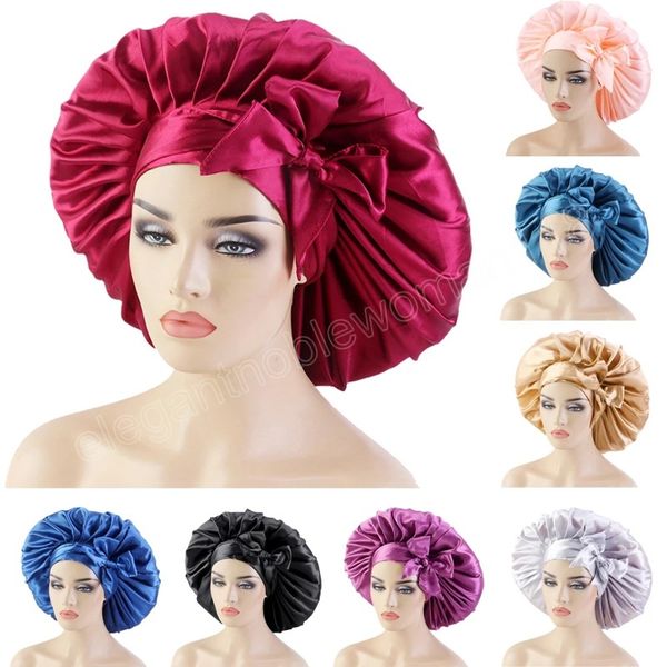 

solid color satin sleeping hat indian hat fashion lace-up bowknot turban cap women stylish comfortable beanie hats, Blue;gray