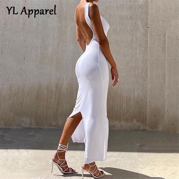 Mode Sexy Oneck Backless Lange Maxi Abendkleider Frauen Aushöhlen Ärmel Split Bodycon Party Kleid für Jahr 220615