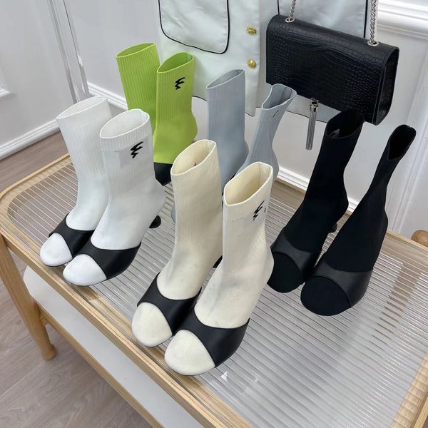 

pairs knitting elasticity ankle boots fashion designer printing mixed colors sock shoes stretch boot half stiletto booty 5cm high heel women, Black