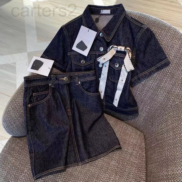 

two piece dress designer xiaoxiangfeng spring and summer new bow hardware button denim shirt short sleeve skirt suit women's fashion ag, White