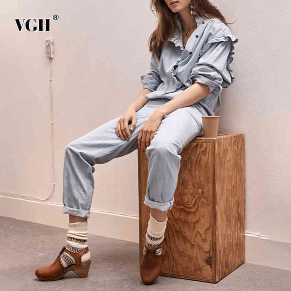 

patchwork ruffle straight denim jumpsuit for women stand collar long sleeve high waist wide leg casual jumpsuits female 210507, Black;white