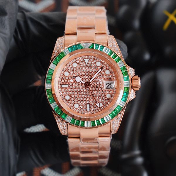 Orologio meccanico automatico da uomo Lunetta Cassa in acciaio inossidabile con diamanti Luminoso Letterale Boutique Polsino Fibbia pieghevole Flessibile regolabile 40 mm Montre De Luxe