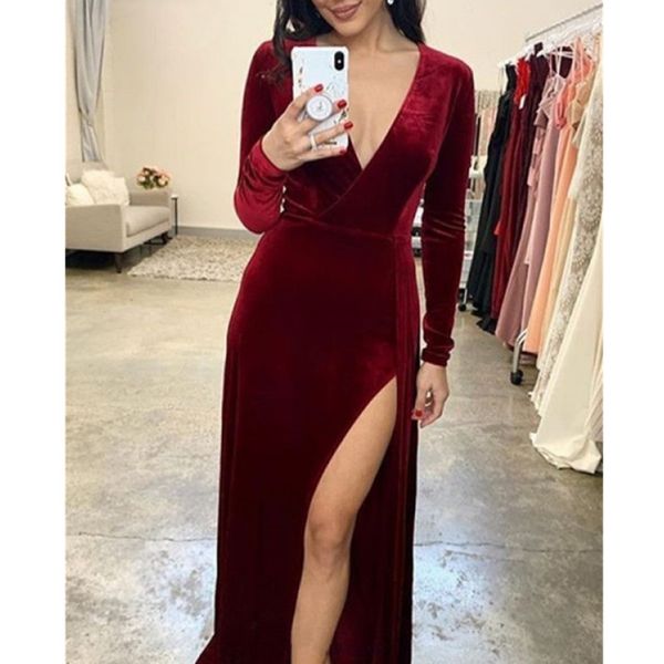 

velvet burgundy prom evening party dress v neck long sleeves mermaid high side split women gowns for formal occasion floor length, Black