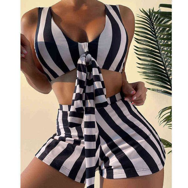 

swimsuit women's 2022 split bikini high waist stripe boxer strap, White;black