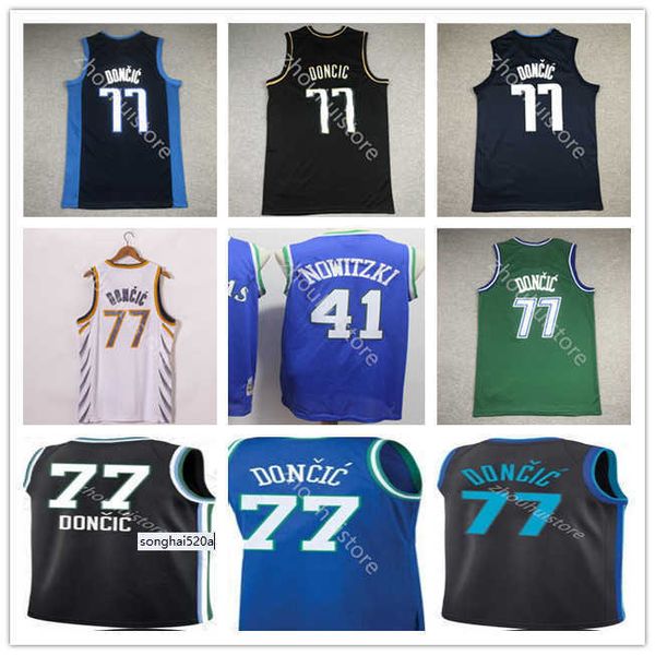 Top Men Basketball Luka 77 New Doncic Jersey Throwback Dirk 41 Nowitzki, сшитая зеленым черным белым качеством спортивной рубашки Fast de Jerseys